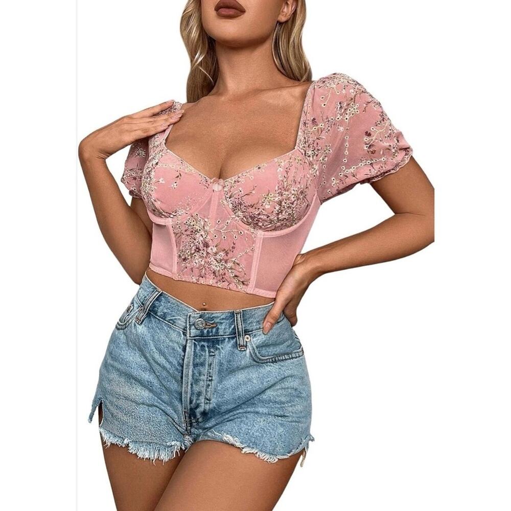 Pink Floral Corset Top With Puff Sleeves Sweetheart Neckline Women Medium